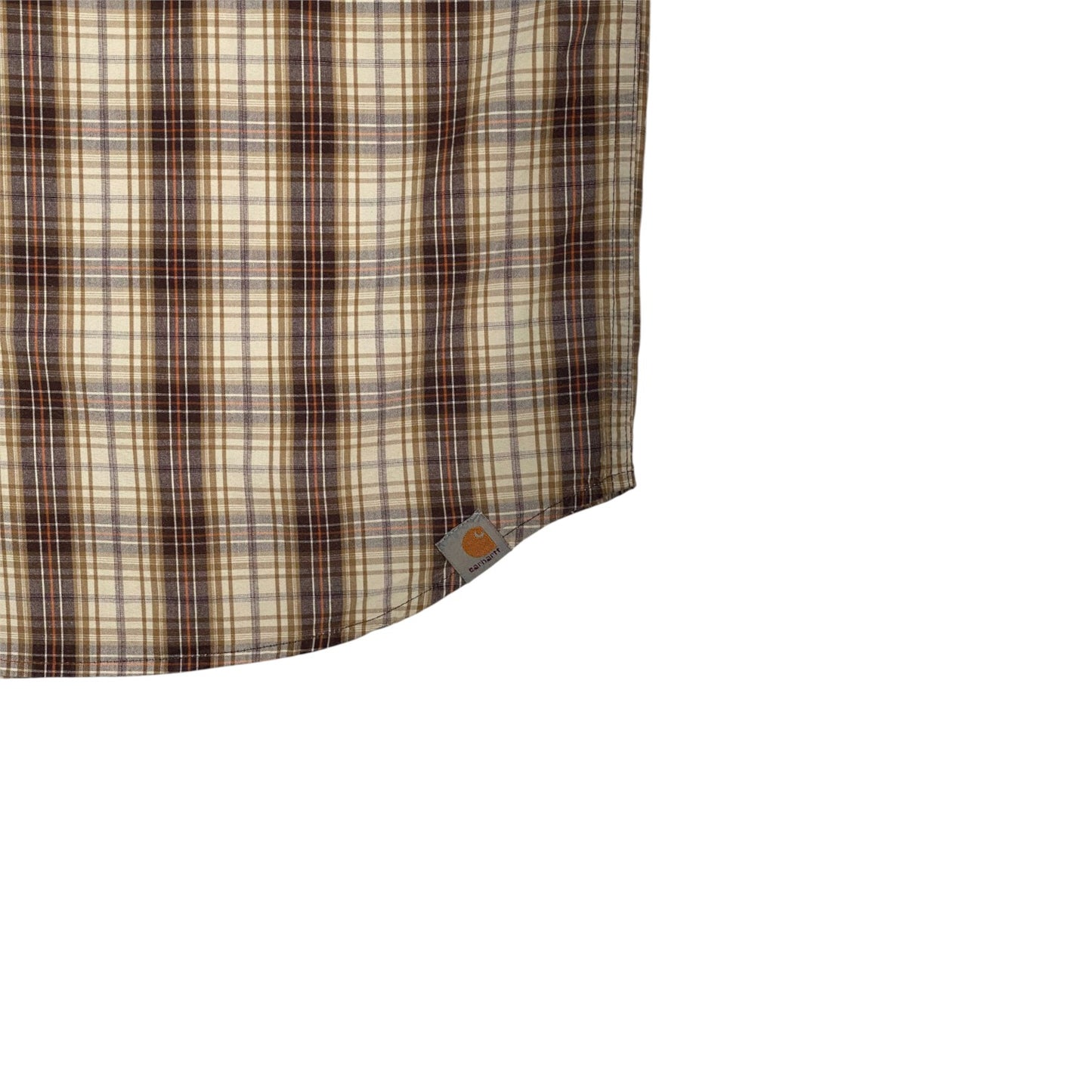 Digg It Thrift & Vintage Carhartt short sleeve work shirt in brown and cream plaid with a curved hem and logo tag