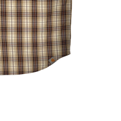 Digg It Thrift & Vintage Carhartt short sleeve work shirt in brown and cream plaid with a curved hem and logo tag