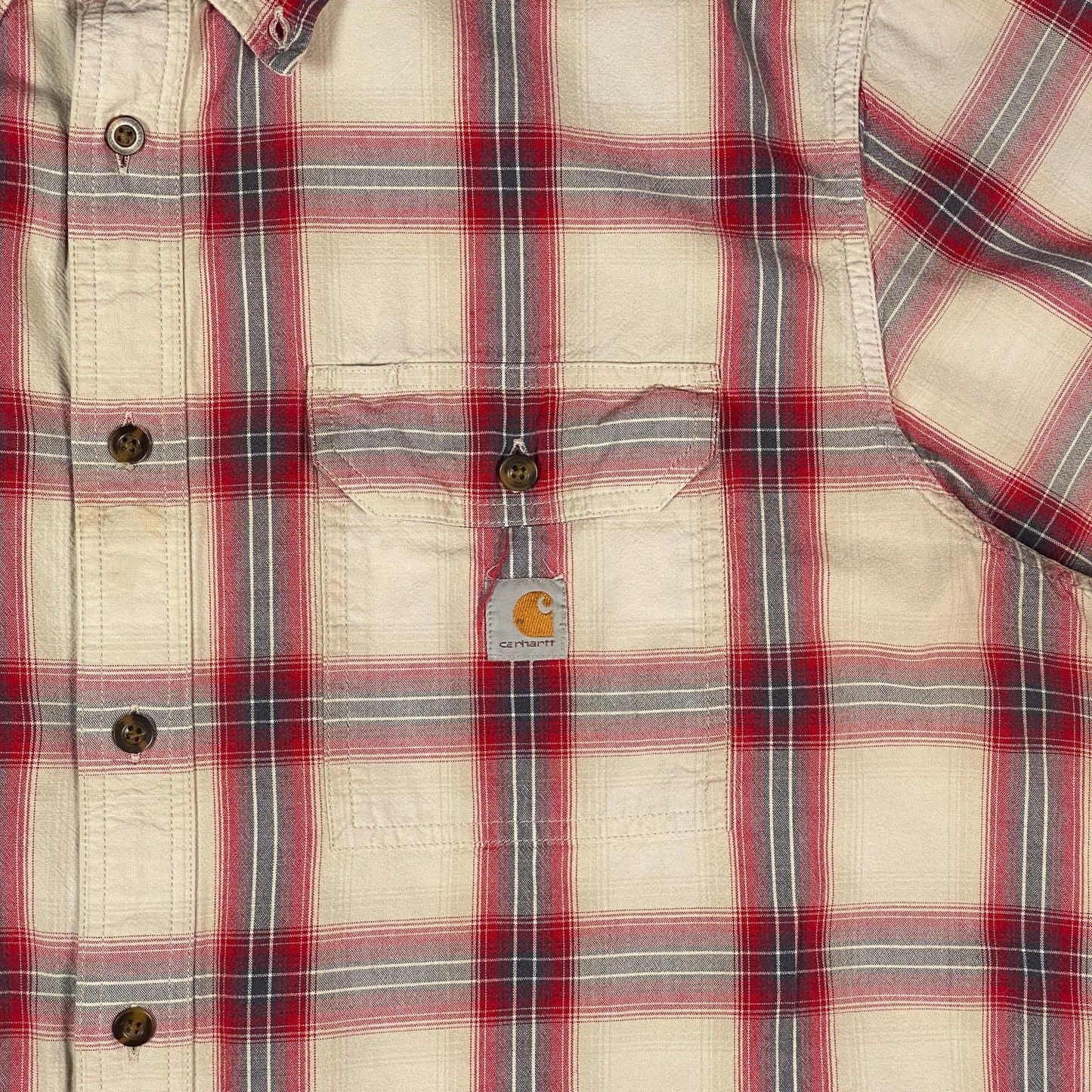 Digg It Thrift & Vintage Carhartt cream and red plaid short sleeve work shirt with chest pocket and logo patch