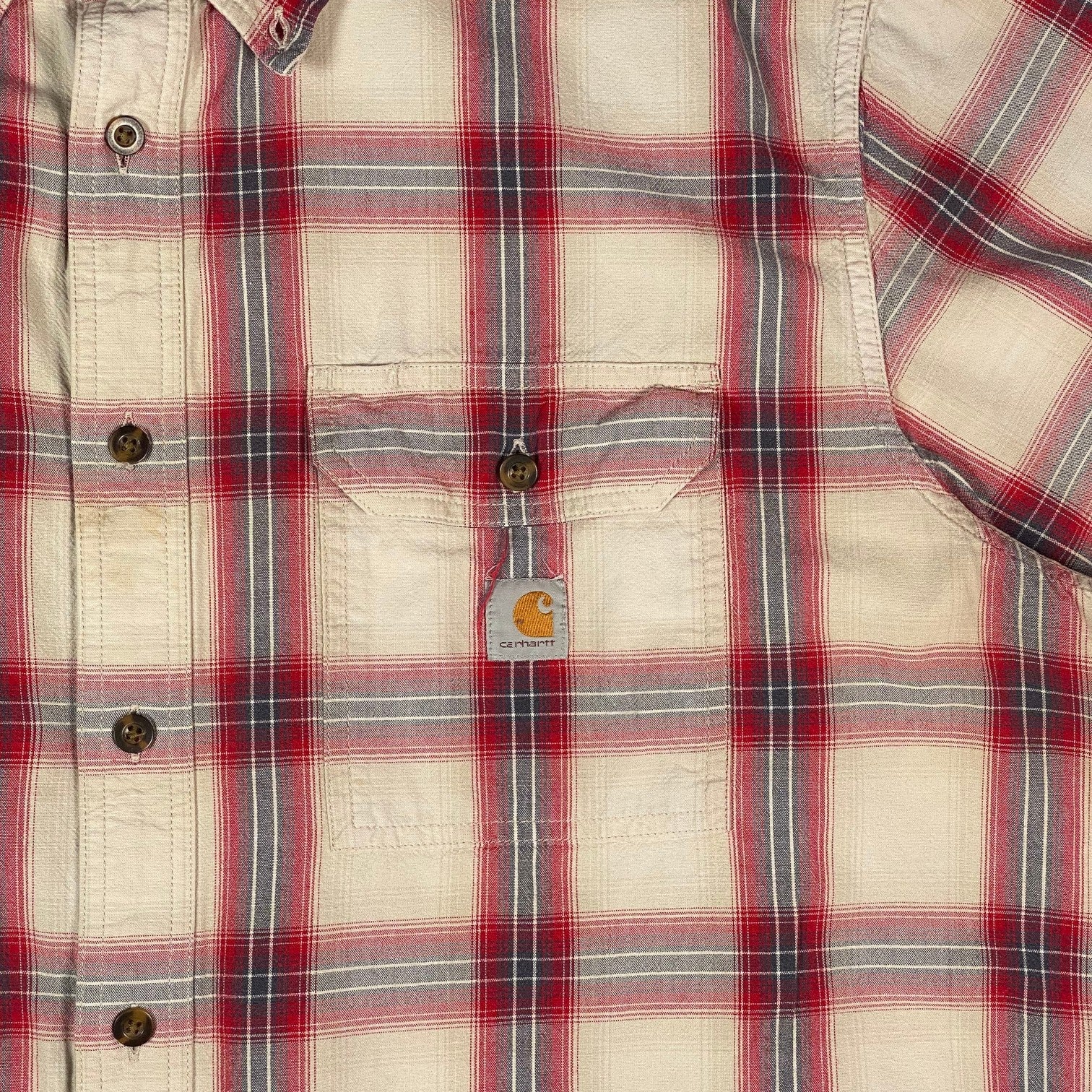 Digg It Thrift & Vintage Carhartt cream and red plaid short sleeve work shirt with chest pocket and logo patch