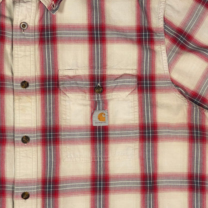 Digg It Thrift & Vintage Carhartt cream and red plaid short sleeve work shirt with chest pocket and logo patch