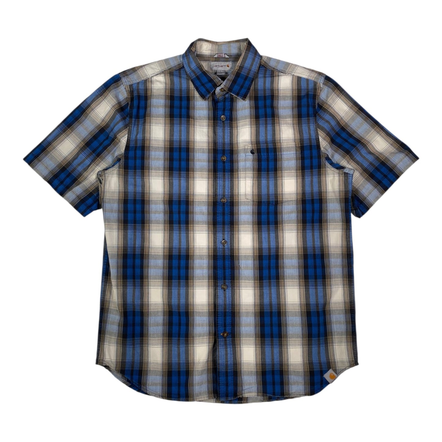 Digg It Thrift & Vintage Carhartt royal blue and tan plaid short sleeve button-down work shirt in size large