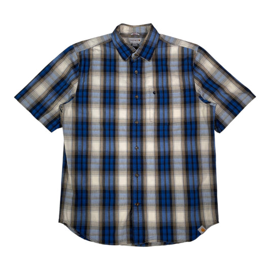 Digg It Thrift & Vintage Carhartt royal blue and tan plaid short sleeve button-down work shirt in size large