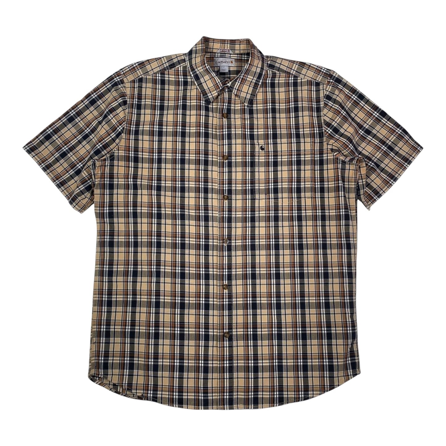 Digg It Thrift & Vintage Carhartt beige and brown plaid short sleeve button-up work shirt in size large.