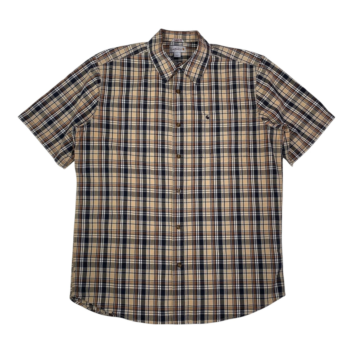 Digg It Thrift & Vintage Carhartt beige and brown plaid short sleeve button-up work shirt in size large.