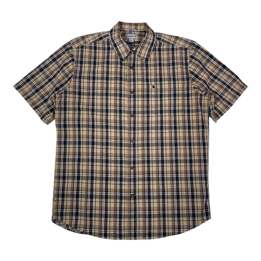 Digg It Thrift & Vintage Carhartt beige and brown plaid short sleeve button-up work shirt in size large.