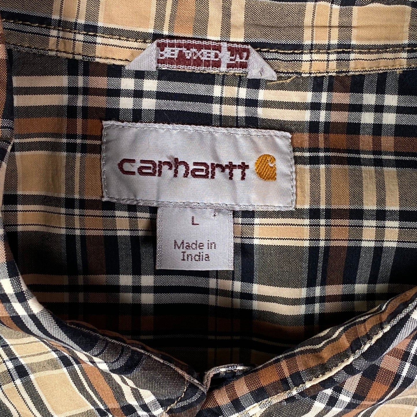 Digg It Thrift & Vintage Carhartt beige and brown plaid short sleeve work shirt with size large label