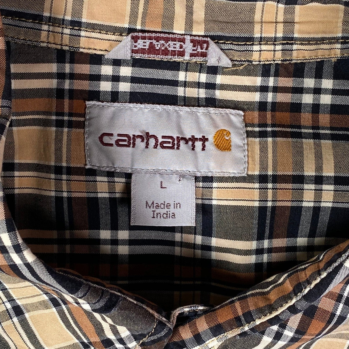 Digg It Thrift & Vintage Carhartt beige and brown plaid short sleeve work shirt with size large label