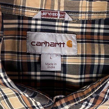 Digg It Thrift & Vintage Carhartt beige and brown plaid short sleeve work shirt with size large label