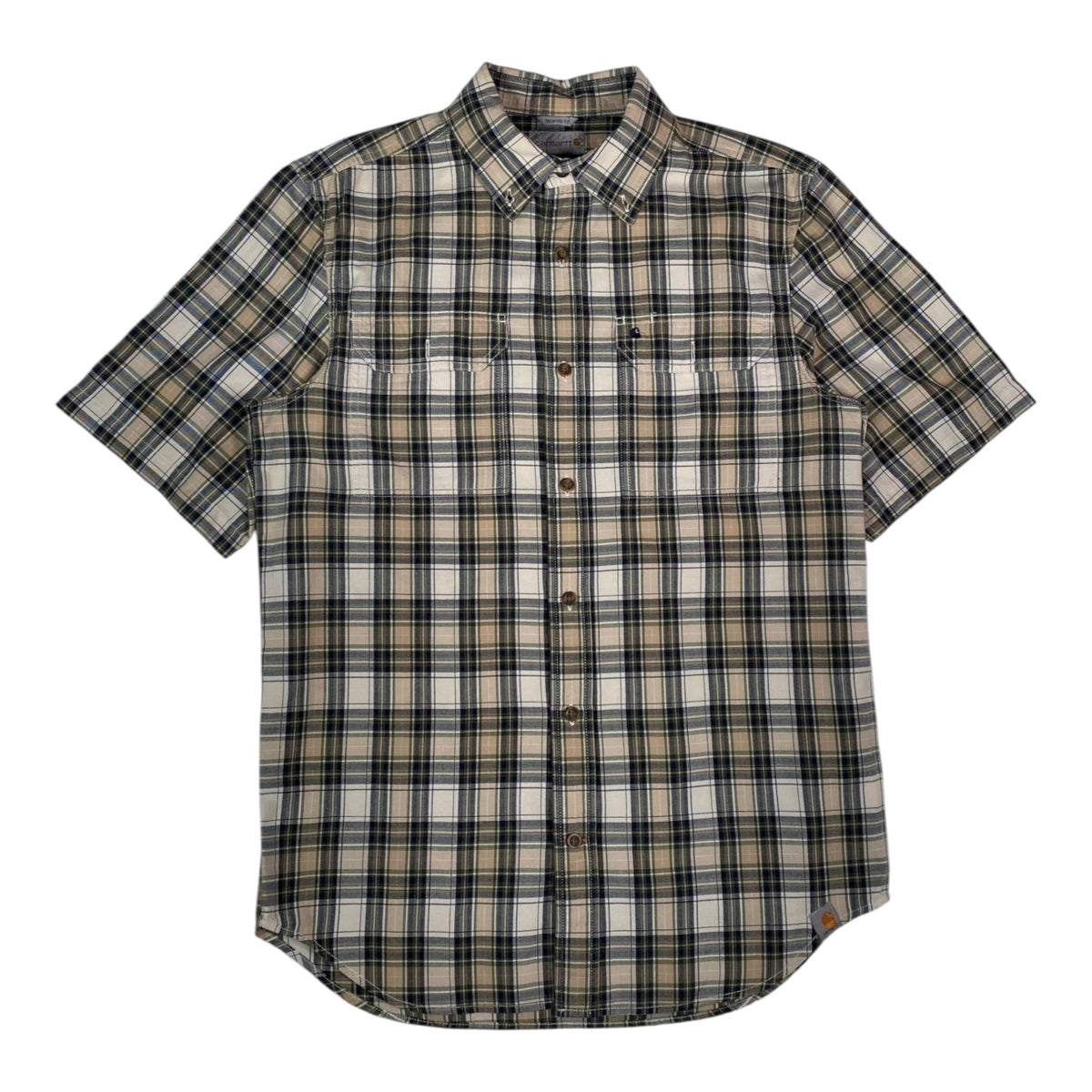 Digg It Thrift & Vintage Carhartt olive and beige plaid short sleeve button-down work shirt in size medium