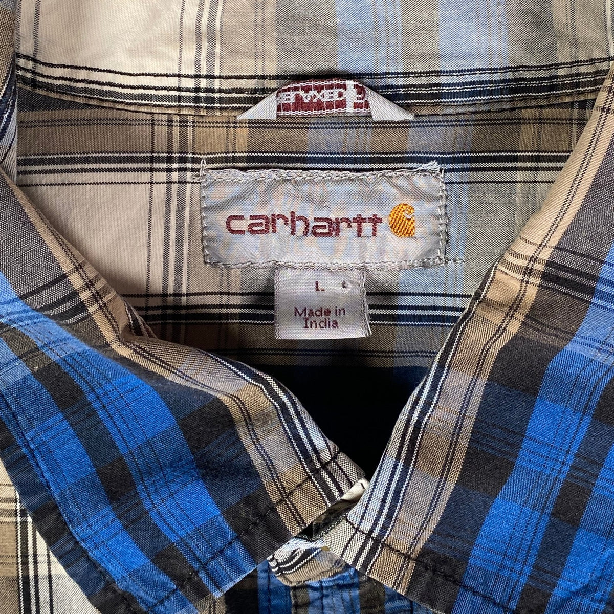 Digg It Thrift & Vintage Carhartt short sleeve work shirt in royal blue and tan plaid, size large label detail