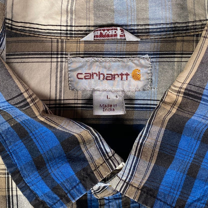 Digg It Thrift & Vintage Carhartt short sleeve work shirt in royal blue and tan plaid, size large label detail