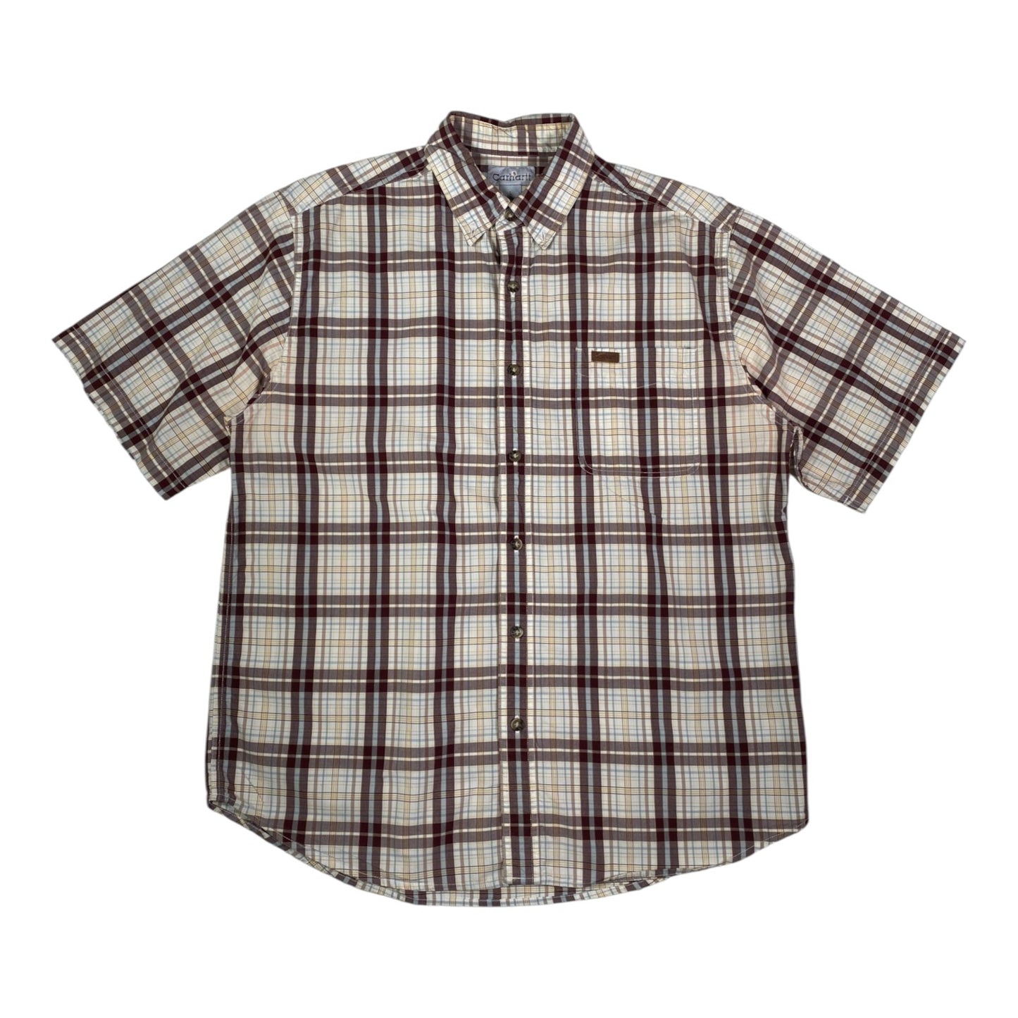 Digg It Thrift & Vintage Carhartt burgundy and cream plaid short sleeve button-down work shirt with chest pocket