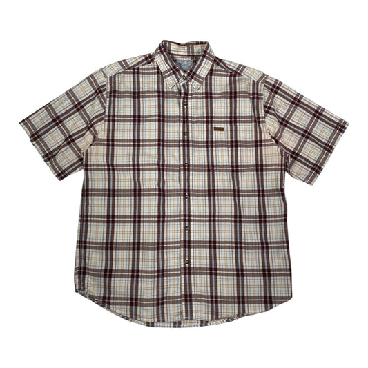 Digg It Thrift & Vintage Carhartt burgundy and cream plaid short sleeve button-down work shirt with chest pocket