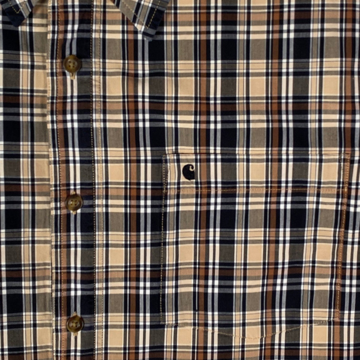 Digg It Thrift & Vintage Carhartt beige and brown plaid short sleeve work shirt with chest pocket and button front