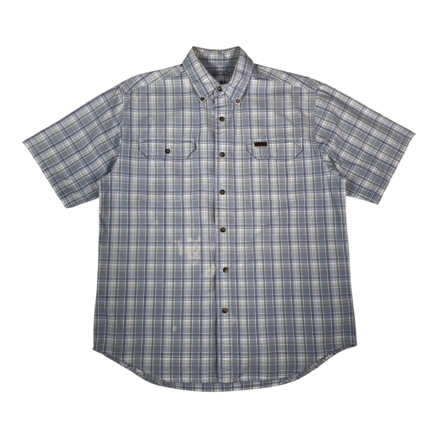 Digg It Thrift & Vintage Carhartt light blue and sage plaid short sleeve button-down work shirt with chest pockets