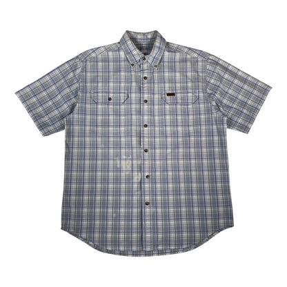 Digg It Thrift & Vintage Carhartt light blue and sage plaid short sleeve button-down work shirt with chest pockets