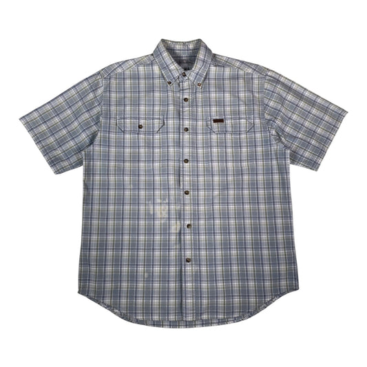 Digg It Thrift & Vintage Carhartt light blue and sage plaid short sleeve button-down work shirt with chest pockets