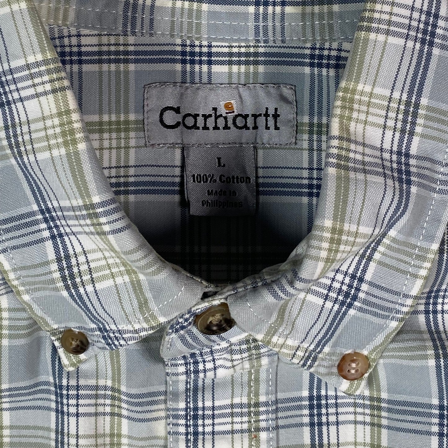 Digg It Thrift & Vintage Carhartt light blue and sage plaid cotton short sleeve button-down work shirt collar label