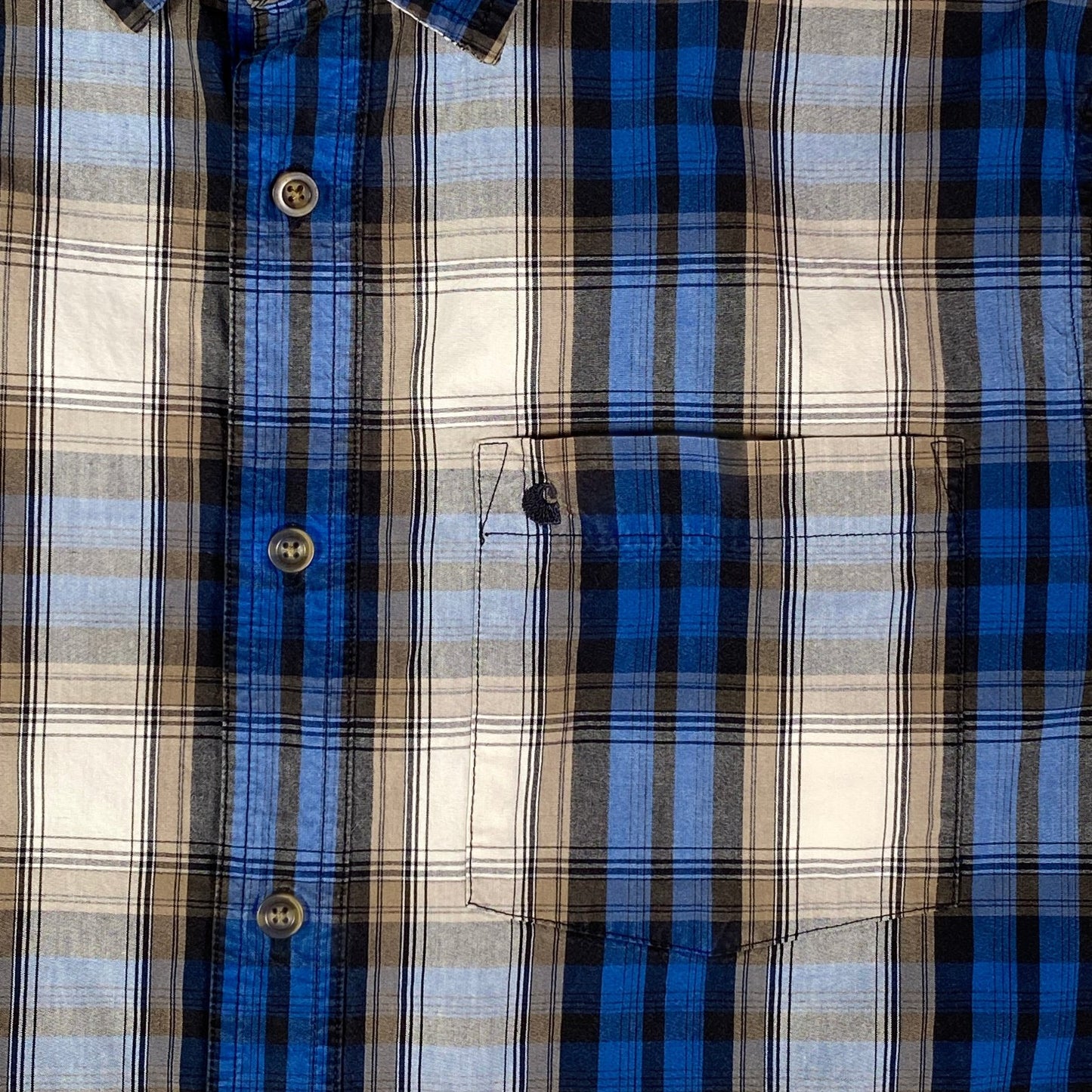 Digg It Thrift & Vintage Carhartt royal blue and tan plaid short sleeve work shirt with chest pocket