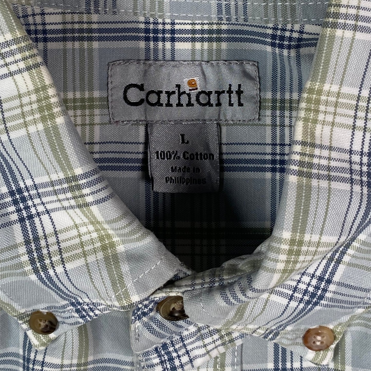 Digg It Thrift & Vintage Carhartt light blue and sage plaid cotton work shirt with button-down collar
