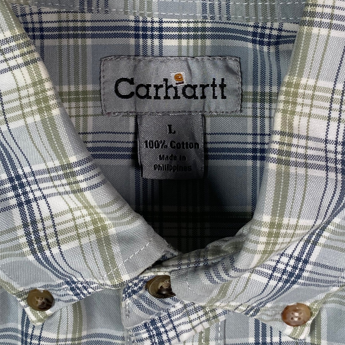 Digg It Thrift & Vintage Carhartt light blue and sage plaid cotton work shirt with button-down collar