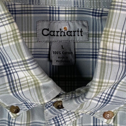Digg It Thrift & Vintage Carhartt light blue and sage plaid cotton work shirt with button-down collar