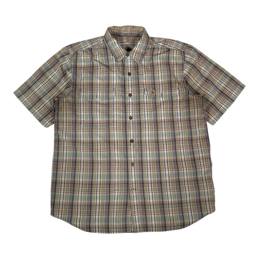 Digg It Thrift & Vintage Carhartt short sleeve work shirt in sage green and beige plaid with button-down front