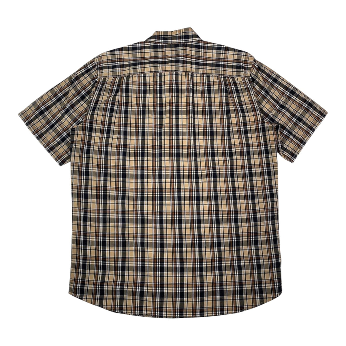Back view of a Digg It Thrift & Vintage Carhartt beige and brown plaid short sleeve work shirt in size large.