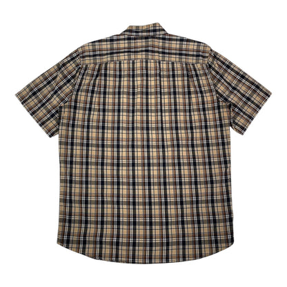 Back view of a Digg It Thrift & Vintage Carhartt beige and brown plaid short sleeve work shirt in size large.