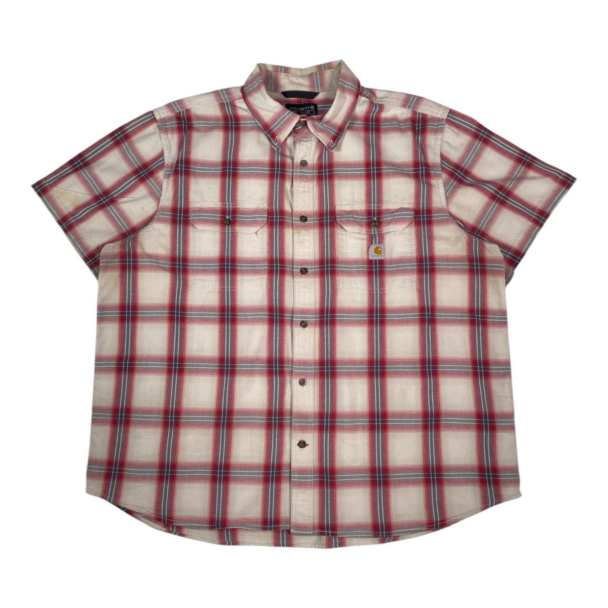 Digg It Thrift & Vintage Carhartt cream and red plaid short sleeve button-down work shirt with dual chest pockets
