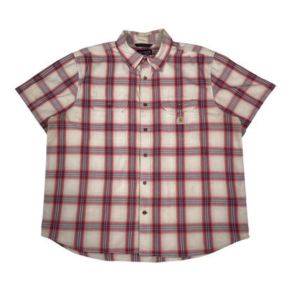 Digg It Thrift & Vintage Carhartt cream and red plaid short sleeve button-down work shirt with dual chest pockets