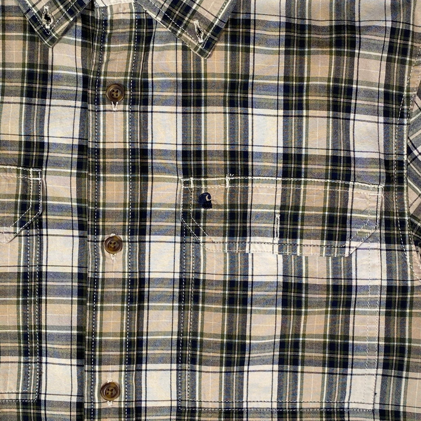 Digg It Thrift & Vintage Carhartt olive and beige plaid short sleeve work shirt with button-down collar and chest pocket