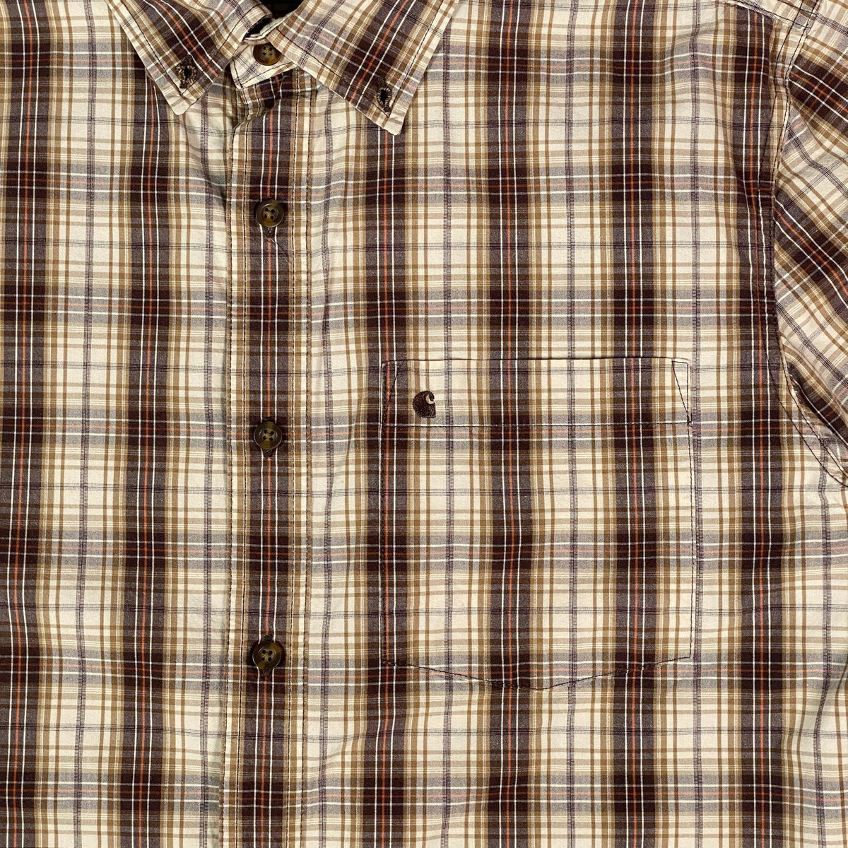 Digg It Thrift & Vintage Carhartt brown and cream plaid short sleeve button-down work shirt with chest pocket