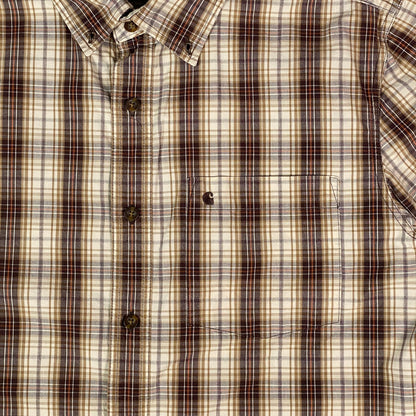 Digg It Thrift & Vintage Carhartt brown and cream plaid short sleeve button-down work shirt with chest pocket