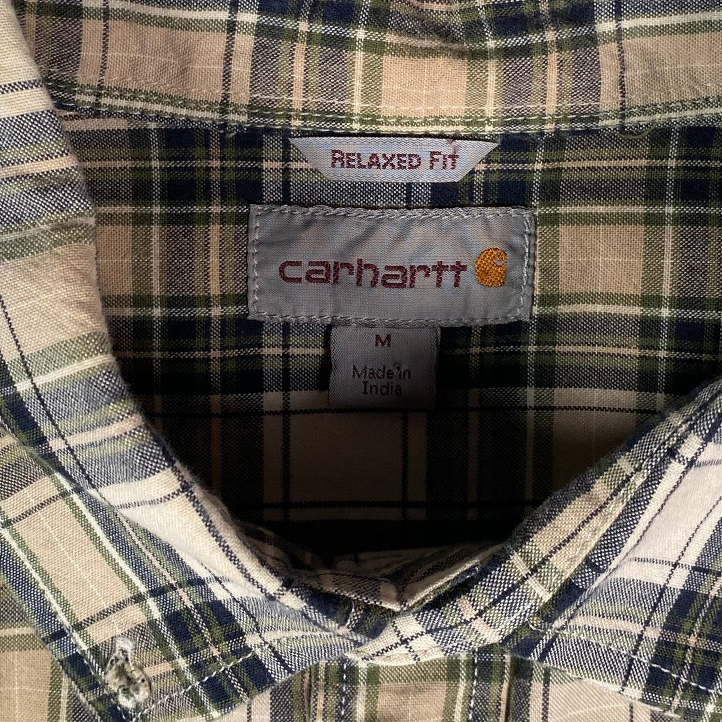 Digg It Thrift & Vintage Carhartt olive and beige plaid short sleeve relaxed fit work shirt, size medium