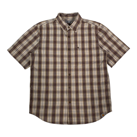 Digg It Thrift & Vintage Carhartt brown and cream plaid short sleeve button-down work shirt in size large