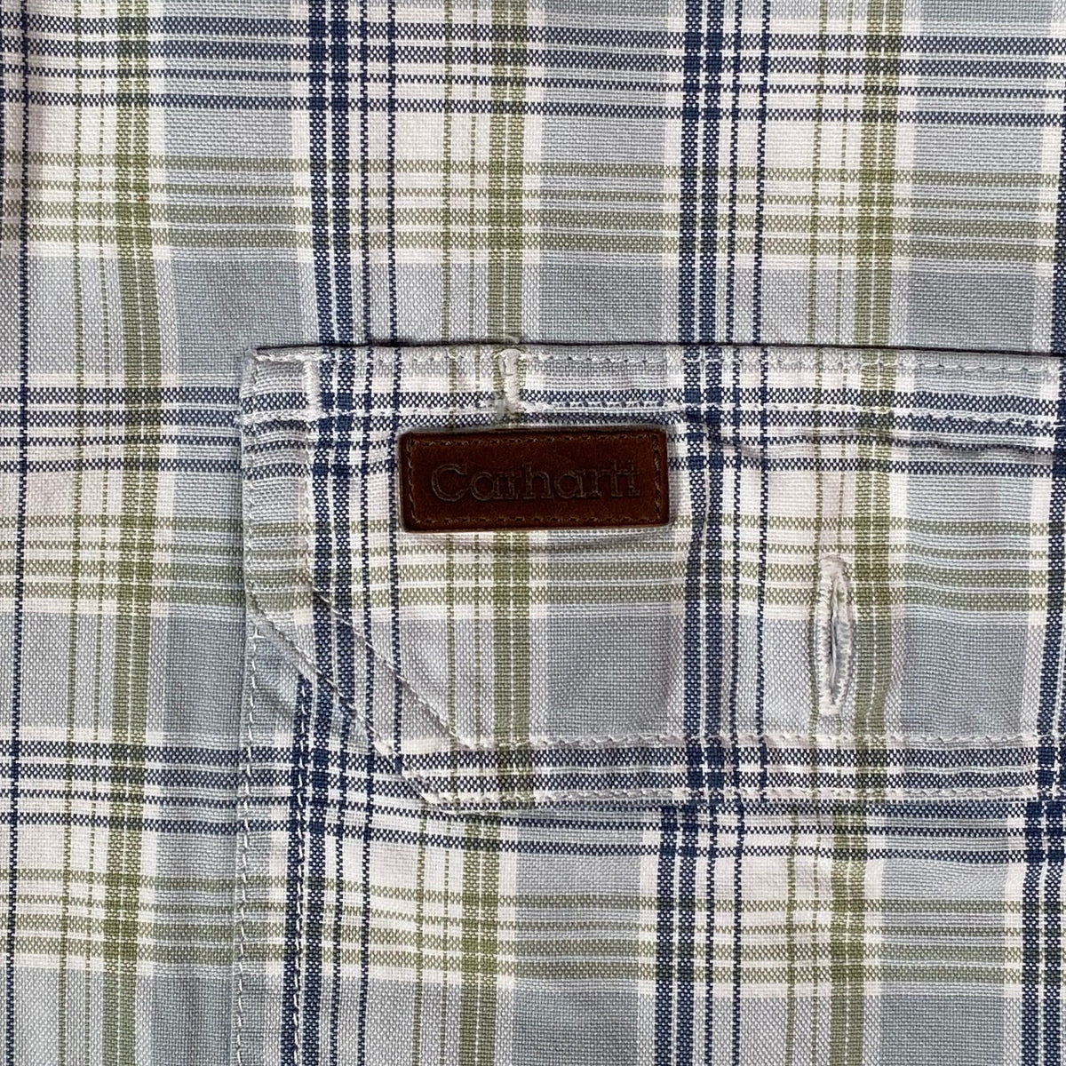 Digg It Thrift & Vintage Carhartt light blue and sage plaid short sleeve work shirt with brown leather logo patch