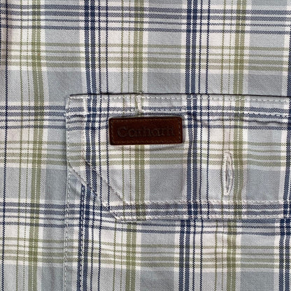 Digg It Thrift & Vintage Carhartt light blue and sage plaid short sleeve work shirt with brown leather logo patch