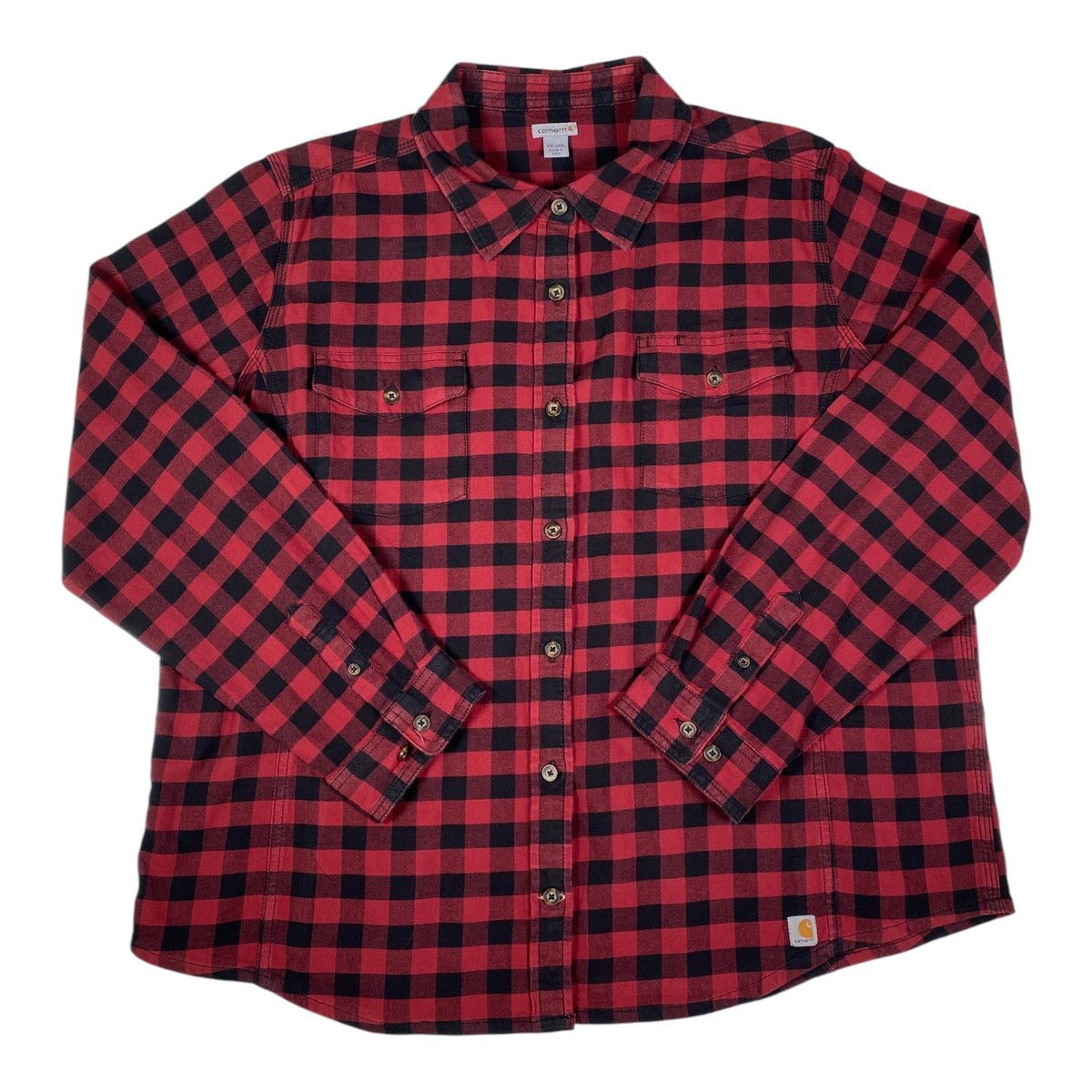 Digg It Thrift & Vintage Carhartt red and black plaid flannel shirt with button-down front and dual chest pockets.