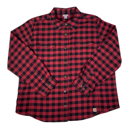 Digg It Thrift & Vintage Carhartt red and black plaid flannel shirt with button-down front and dual chest pockets.