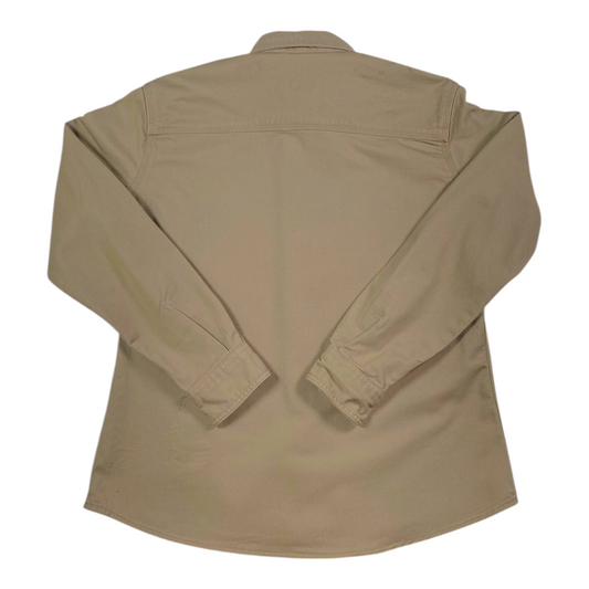 Back view of a tan Carhartt flame resistant canvas work shirt from Digg It Thrift & Vintage, size medium.