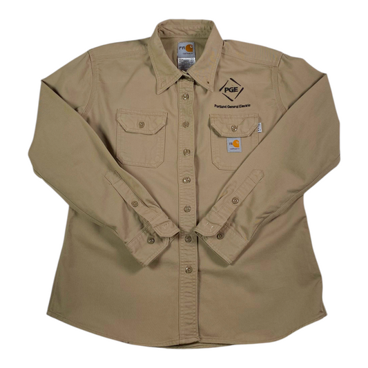 Digg It Thrift & Vintage Carhartt flame resistant tan canvas work shirt with Portland General Electric logo
