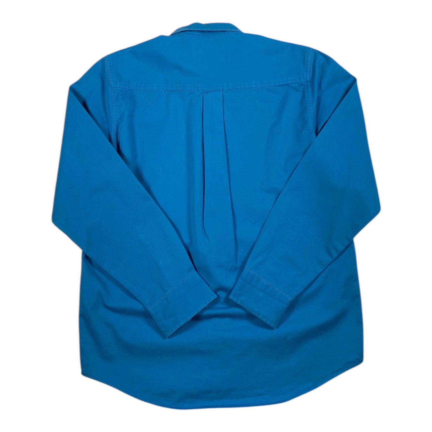 Back view of a vibrant cyan blue Carhartt WIP long sleeve shirt from Digg It Thrift & Vintage, size small.