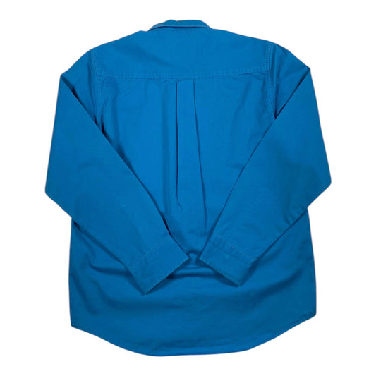 Back view of a vibrant cyan blue Carhartt WIP long sleeve shirt from Digg It Thrift & Vintage, size small.