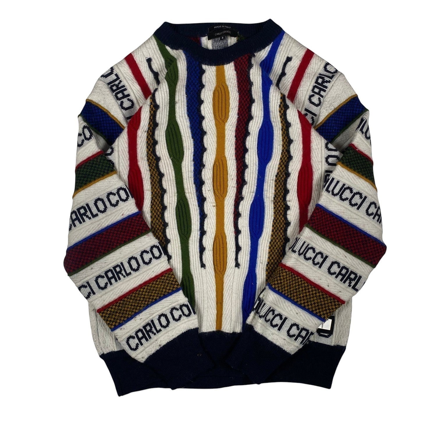 Digg It Thrift & Vintage Carlo Colucci textured knit crewneck sweater featuring multi-colored logo stripes.