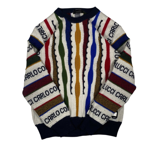 Digg It Thrift & Vintage Carlo Colucci textured knit crewneck sweater featuring multi-colored logo stripes.