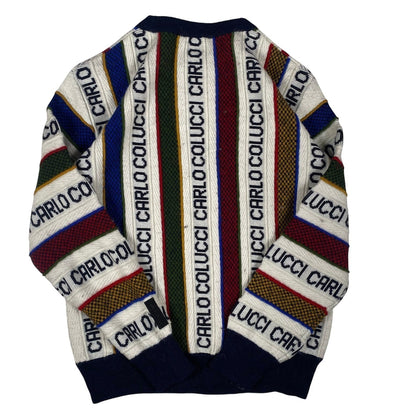 Digg It Thrift & Vintage Carlo Colucci textured knit crewneck sweater with multi-colored vertical logo stripes