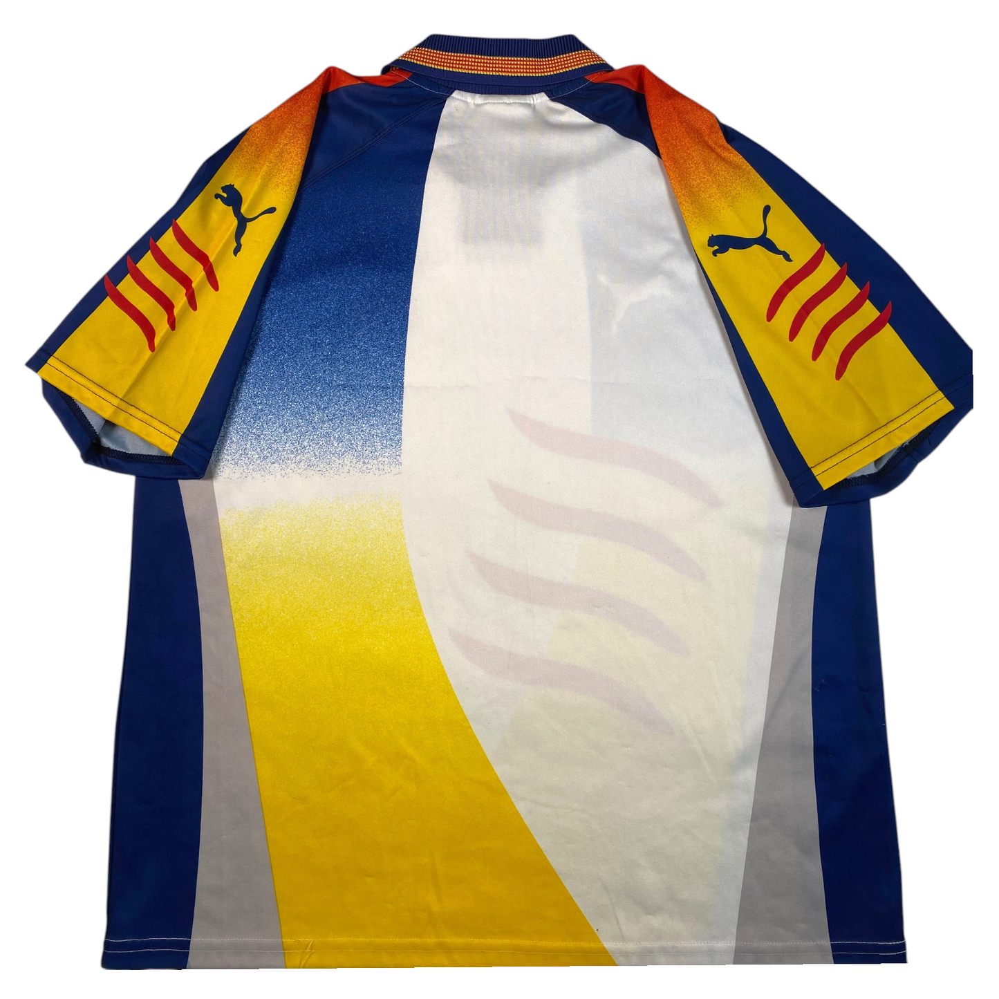 Digg It Thrift & Vintage 1999-2000 Catalunya national team football shirt featuring blue, yellow, and red graphic print