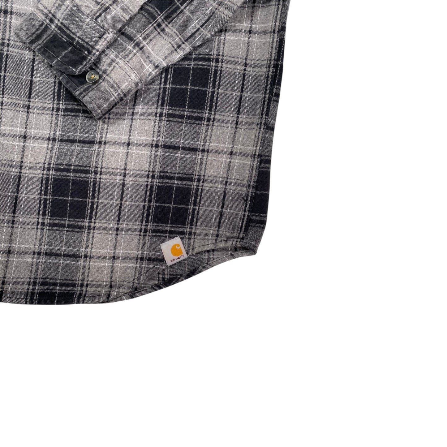 Digg It Thrift & Vintage charcoal gray plaid flannel long sleeve shirt with Carhartt logo patch on the hem